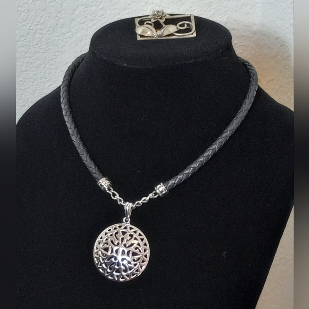 Black Leather Necklace with Silver Toned Pendent